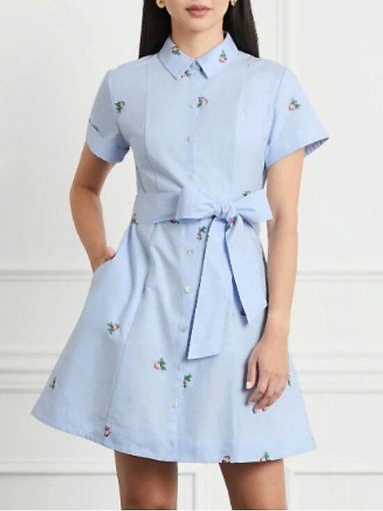 Hill House Dresses & Skirts - EUC Hill House Laura 100% Cotton Embroidered Belted Mini Shirtdress Blue Small